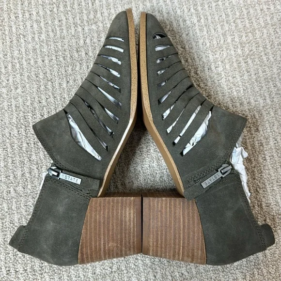 1. STATE ARNET OLIVE SUEDE LASER CUT POINTED TOE HEELED ANKLE BOOTIE - Picture 11 of 14